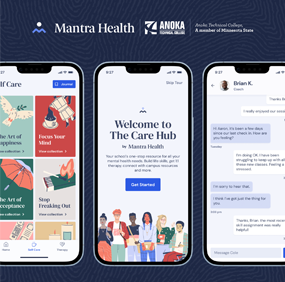 Promotional image showing three smartphones, each displaying a different page of the Mantra Health app, an online mental health service.